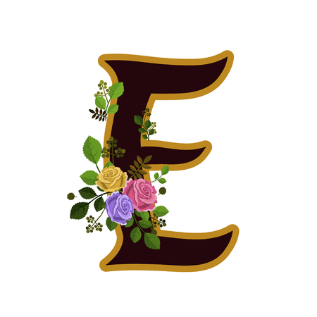 Vector illustration of flower alphabet. Letter E decorated with roses and leaves, isolated on white background.のイラスト素材