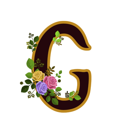 Vector illustration of flower alphabet. Letter G decorated with roses and leaves, isolated on white background.のイラスト素材