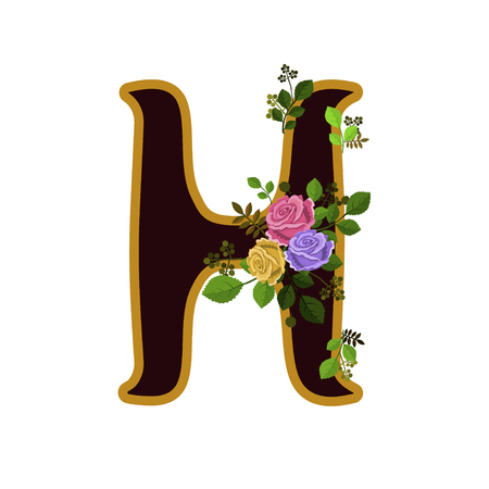 Vector illustration of flower alphabet. Letter H decorated with roses and leaves, isolated on white background.のイラスト素材
