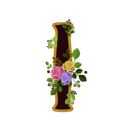 Vector illustration of flower alphabet. Letter I decorated with roses and leaves, isolated on white background.のイラスト素材