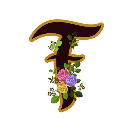 Vector illustration of flower alphabet. Letter F decorated with roses and leaves, isolated on white background.のイラスト素材