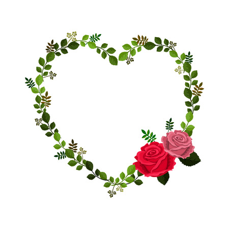 Vector illustration of frame in the form of heart decorated with roses and leaves, isolated on white backgroundのイラスト素材
