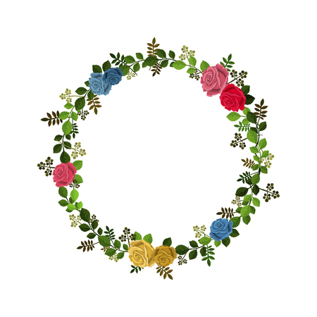 Vector illustration of wreath decorated with roses and leaves isolated on white backgroundのイラスト素材
