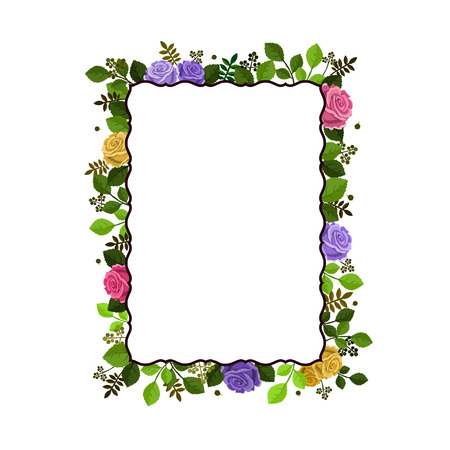 Vector illustration of rectangular frame decorated with roses and leaves, isolated on white backgroundのイラスト素材