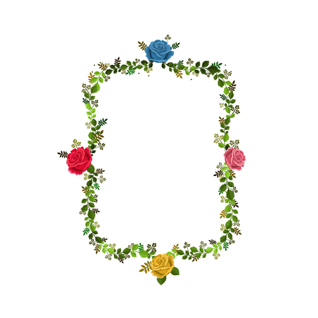 Vector illustration of rectangular frame decorated with roses and leaves, isolated on white backgroundのイラスト素材