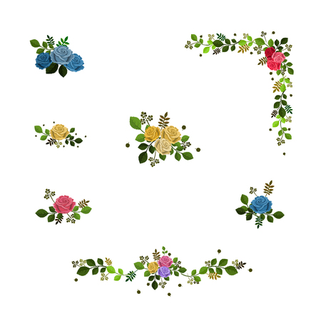 Vector illustration of set of compositions of roses and leaves isolated on white backgroundのイラスト素材