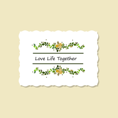Vector illustration of greeting card Love Life Together decorated with roses and leaves. Isolated on white background.のイラスト素材