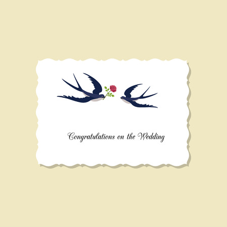 Vector illustration of greeting card Two Swallows decorated with rose . Isolated on white background.のイラスト素材