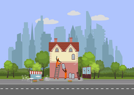 Vector illustration of workers repair the houseのイラスト素材
