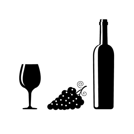 Vector illustration of wine Cheese and Grapes Black Silhouettes on White Backgroundのイラスト素材