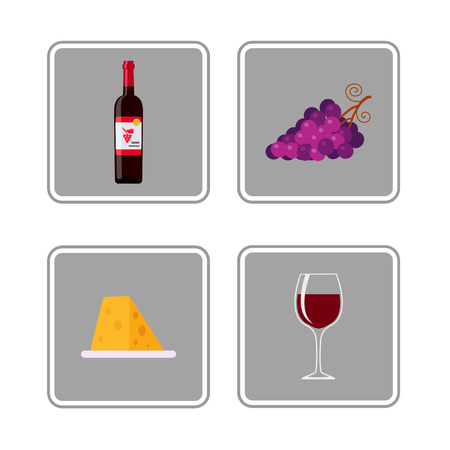 Vector illustration of bottle of red wine, wine glass, grapes and cheese, iconsのイラスト素材