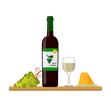 Vector illustration of bottle of white wine, wine glass, grapes and cheese, isolated on white backgroundのイラスト素材