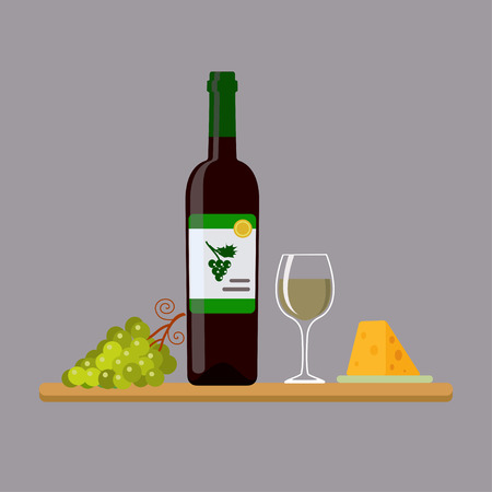 Vector illustration of bottle of white wine, wine glass, grapes and cheese, isolated on gray backgroundのイラスト素材