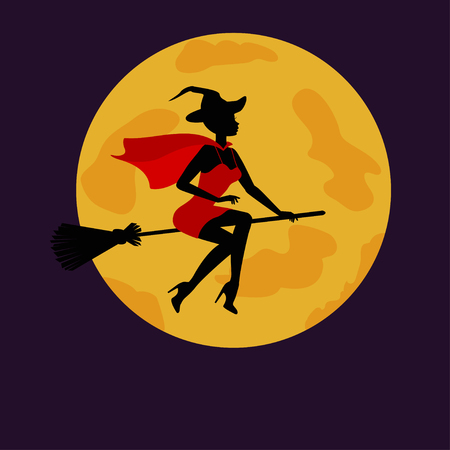 Vector illustration of halloween witch flying on broom in background of moonのイラスト素材
