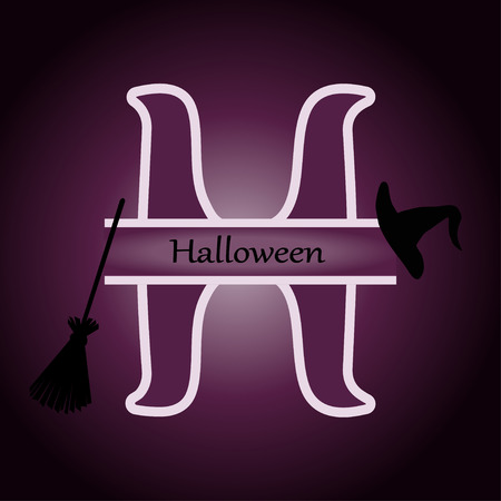 Vector illustration of monogram Halloween, hat, broom on purple backgroundのイラスト素材