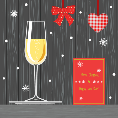 Vector illustration of glass of Champagne on tray and Christmas cardの写真素材