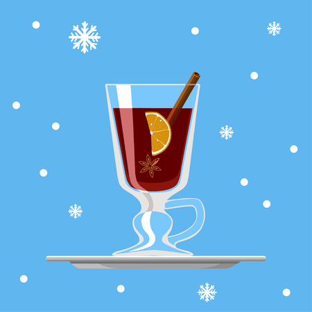 Vector illustration of glass of mulled wine with lemon, cinnamon and star anise on trayの写真素材