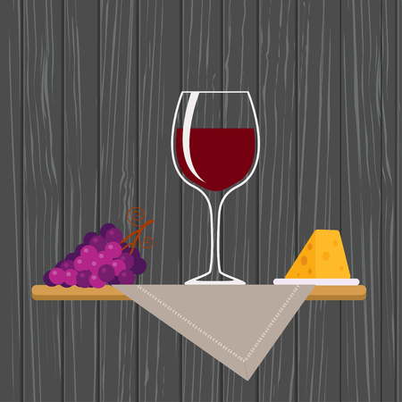 Vector illustration of glass of red wine with grapes and cheeseの写真素材