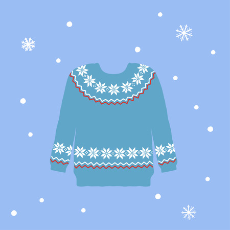 Vector illustration of knitted sweater with Scandinavian ornament on blue backgroundのイラスト素材