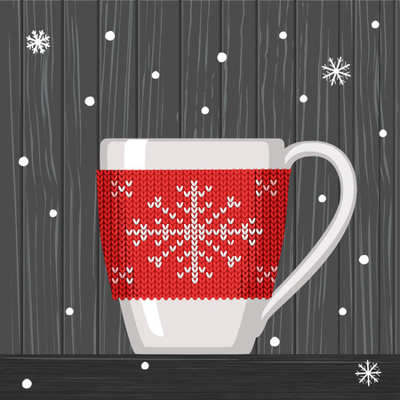Vector illustration of cozy knitting red with pattern snowflake for cupのイラスト素材
