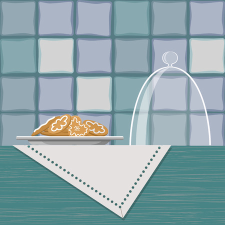 Vector illustration of plate with cookies on shelf with linen napkinの写真素材
