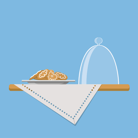 Vector illustration of plate with cookies on shelf with linen napkinの写真素材