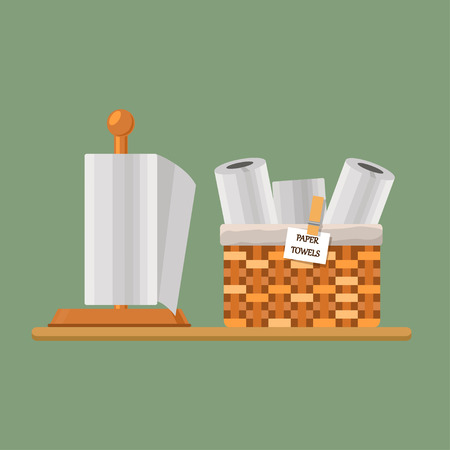 Vector illustration of paper kitchen towels on stand and in basketの写真素材
