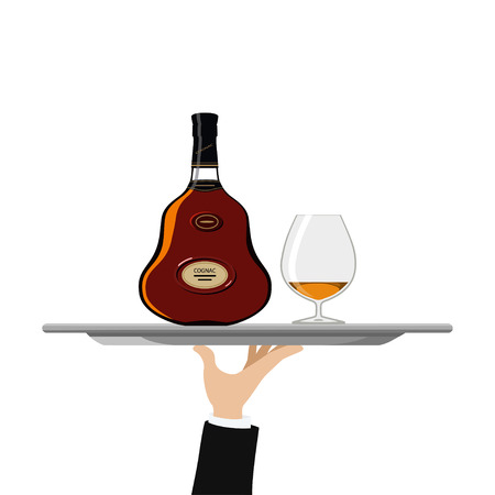 Vector illustration of bottle of cognac and glass on trayのイラスト素材