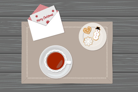 Vector illustration of cup of tea, gingerbread and envelope on napkinのイラスト素材