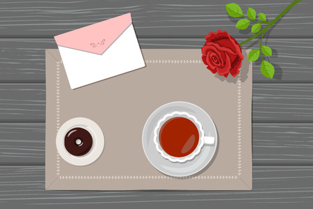 Vector illustration of tea, donut, envelope and rose on linen napkinの写真素材
