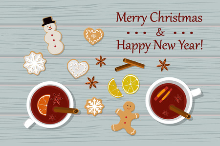 Vector illustration of two cups of mulled wine and gingirbread on tableのイラスト素材