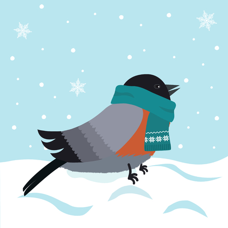 Vector illustration of Bullfinch in blue knitted scarf sitting on snowのイラスト素材
