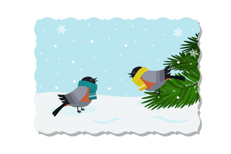 Vector illustration of greeting card Two bullfinch sitting in snow and on spruceのイラスト素材