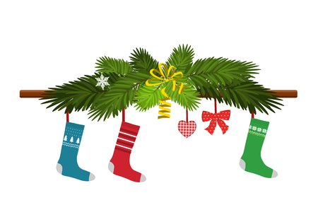Vector illustration of spruce branches and socks for gifts isolated on white backgroundのイラスト素材