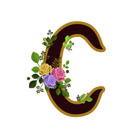 Vector illustration of letter decorated with roses, isolated on white backgroundのイラスト素材