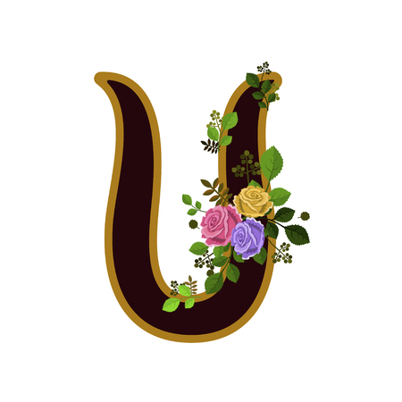 Vector illustration of letter decorated with roses, isolated on white backgroundのイラスト素材