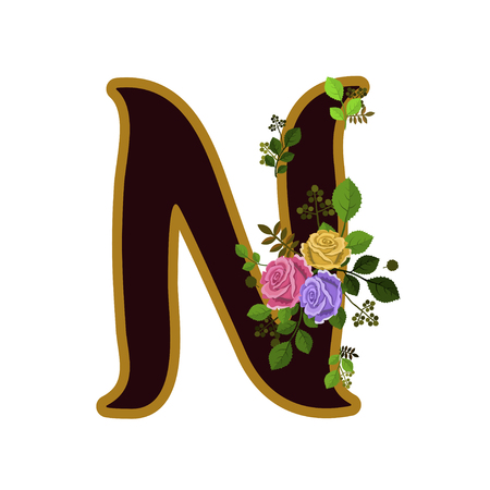 Vector illustration of letter decorated with roses, isolated on white backgroundのイラスト素材