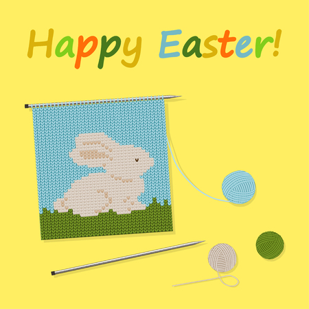 Vector illustration of knitted Easter white Bunny with balls of yarnのイラスト素材