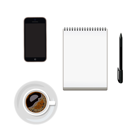 Workplace of smartphone, notebook, pen and coffee. Workplace Vector illustrationのイラスト素材