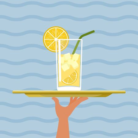 Cocktail with lemon on tray on sea background. Vector illustrationのイラスト素材