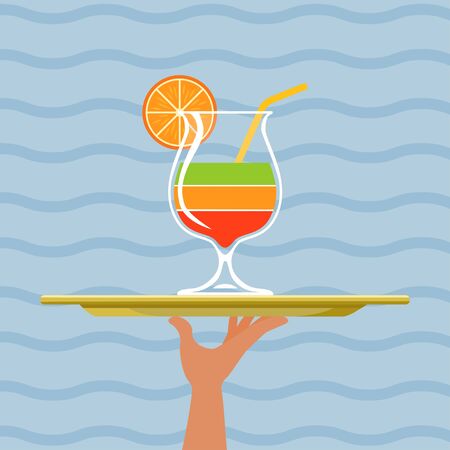 Cocktail multicolor with orange on tray on sea backdrop. Vector illustrationのイラスト素材