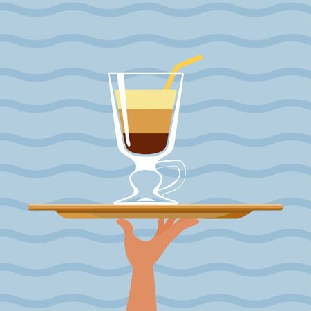 Cocktail coffee multicolor on tray on sea backdrop. Vector illustrationのイラスト素材