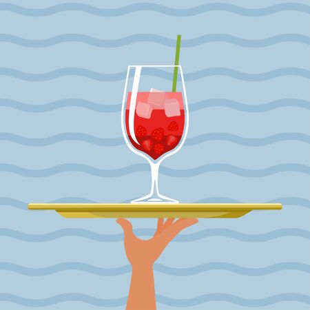 Cocktail multicolor with strawberry on tray on sea background. Vector illustrationのイラスト素材