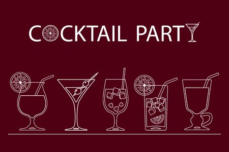 Set of cocktails line art design on red background. Vector illustrationのイラスト素材