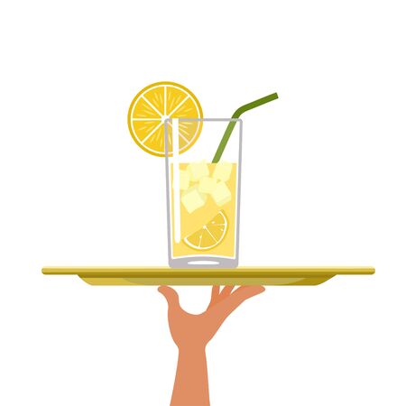 Cocktail with lemon on tray on white background. Vector illustrationのイラスト素材