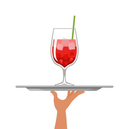 Cocktail with strawberries on tray on white background. Vector illusrtationのイラスト素材