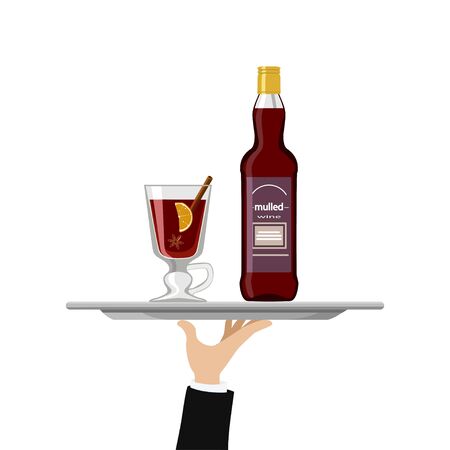 Mulled wine bottle and glass on tray. Vector illustrationのイラスト素材