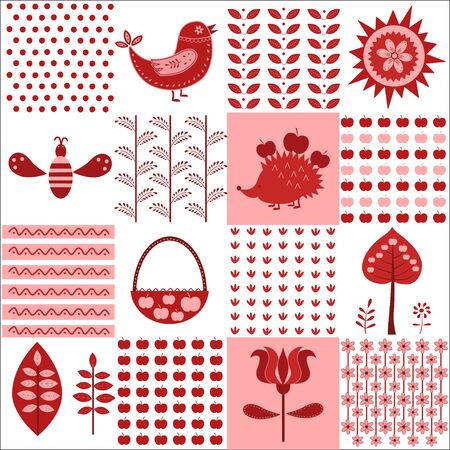 Folk art. Picking apples. Clip art of autumn items. Vector illustrationのイラスト素材