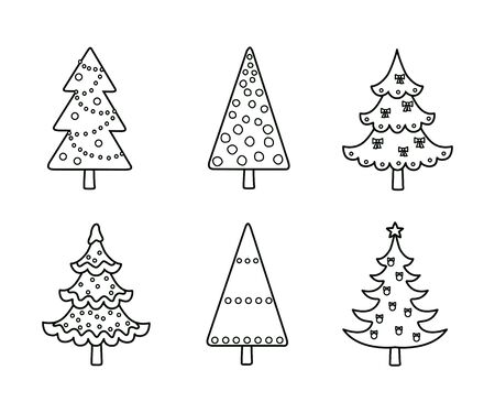 Christmas trees. Set of Christmas trees in style line art. Vector illustrationのイラスト素材