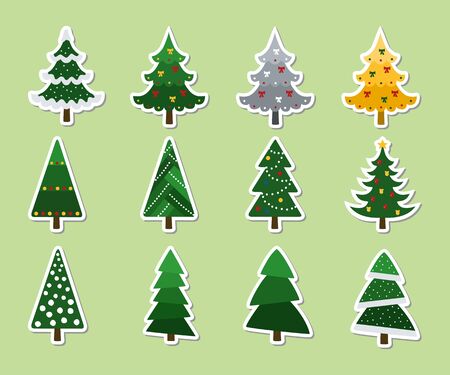 Christmas tree. Set of Christmas tree stickers with festive decor. Vector illustrationのイラスト素材